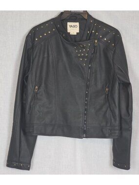 Yaso Women’s Faux Leather Black Biker Jacket Size 3X Short Zip Lined Studded
